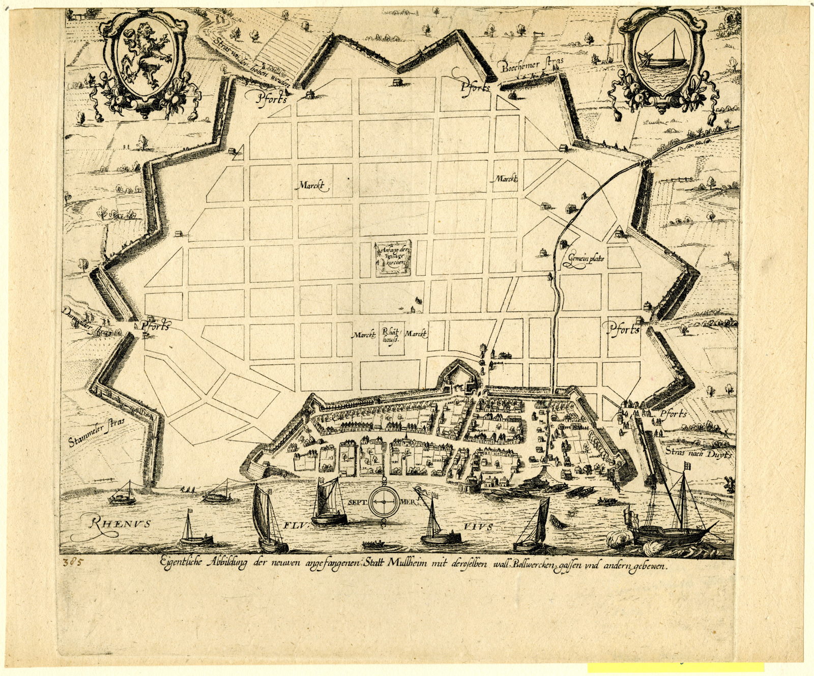 , Rare-Antique Print-MULHEIM AM RHEIN-PLAN-FORTRESS-Keller-Hogenberg-c.1613, Pictura Antique Prints
