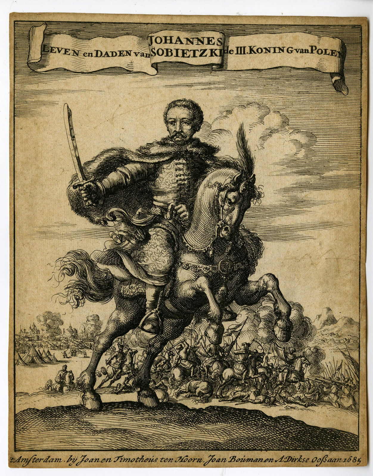 , Antique Print-JOHN-III-SOBIESKI-EQUESTRIAN-BATTLE-PORTRAIT-Linde-1685, Pictura Antique Prints