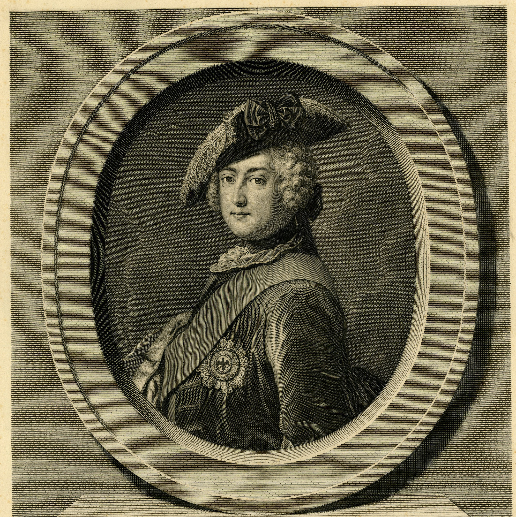 , Rare-Antique Master Print-FREDERIC-II-PORTRAIT-PRUSSIA-Wille-Pesne-c.1750, Pictura Antique Prints