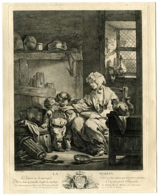 Antique Master Print-LA-MAMAN-MOTHERLY LOVE-CARE-CAT-Beauvarlet-Greuze-c.1770