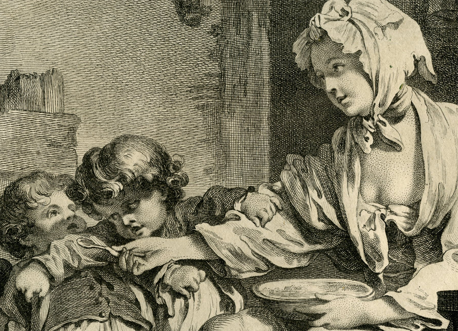 , Antique Master Print-LA-MAMAN-MOTHERLY LOVE-CARE-CAT-Beauvarlet-Greuze-c.1770, Pictura Antique Prints