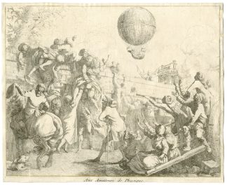 Rare-Antique Master Print-BALLOON FLIGHT CHARLES-ROBERT-SATIRE-Friese-ca. 1783