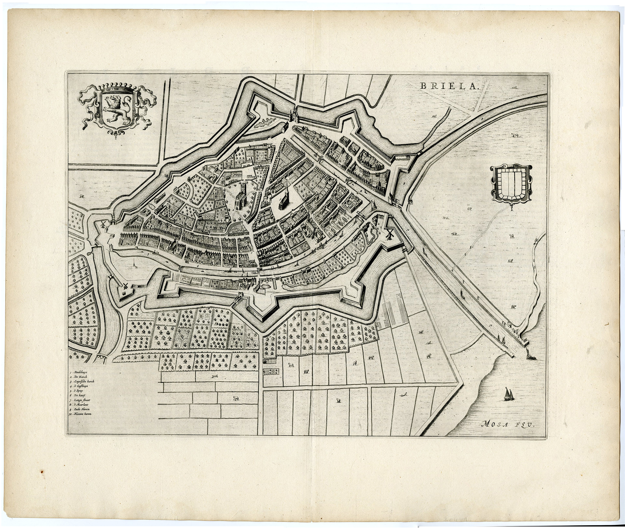 , Antique Map-VIEW-DEN BRIEL-BRIELA-FORTIFICATIONS-Bleau-1649, Pictura Antique Prints