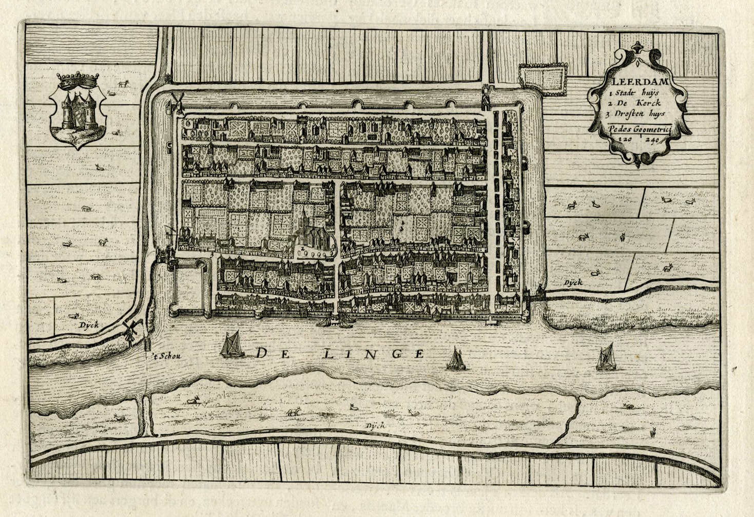 , Antique Map-VIEW-VIANEN-ASPEREN-LEERDAM-HEUKELUM-FORTIFICATIONS-Bleau-1649, Pictura Antique Prints