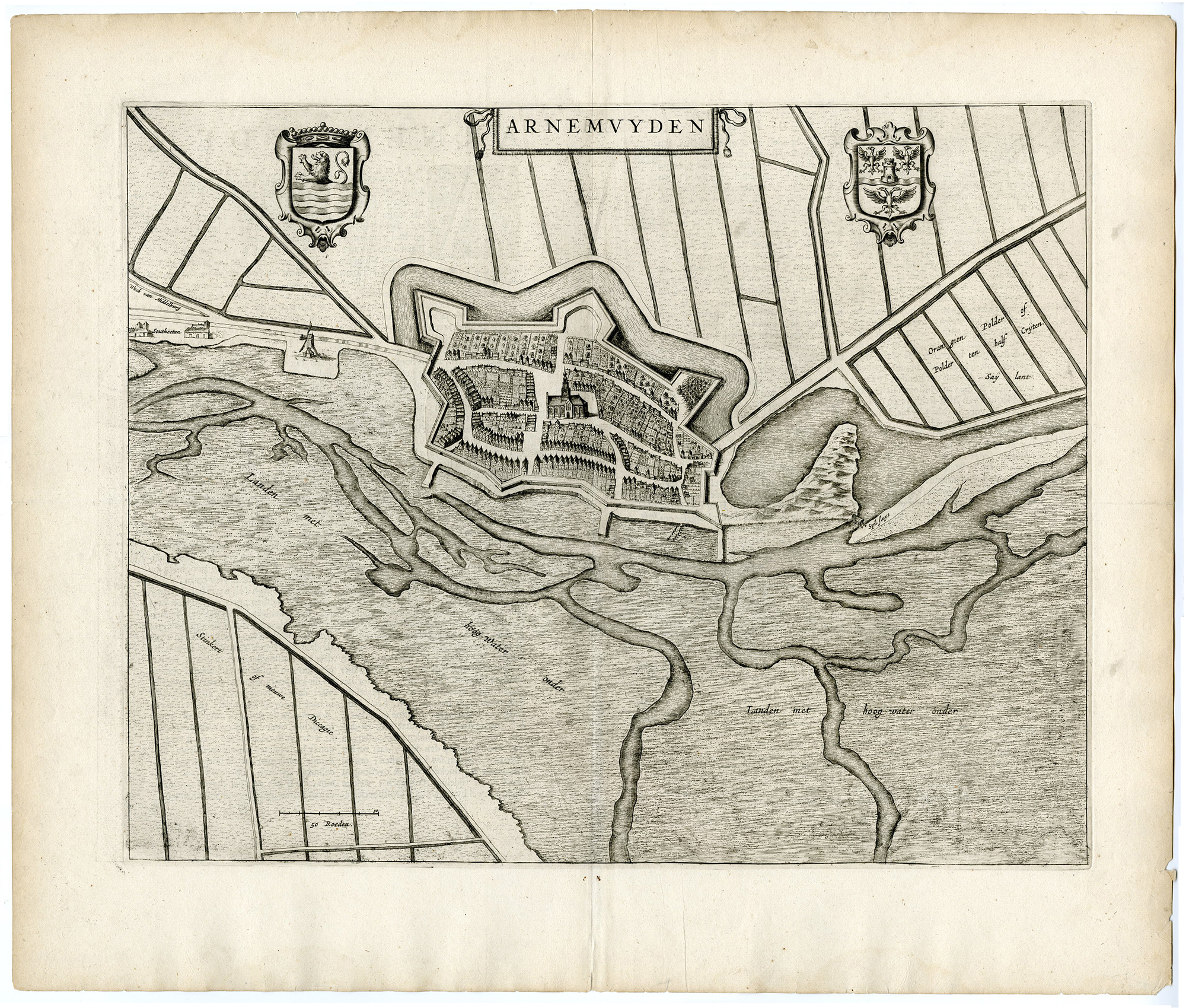 , Antique Map-VIEW-ARNEMUIDEN-FORTIFICATIONS-Bleau-1649, Pictura Antique Prints