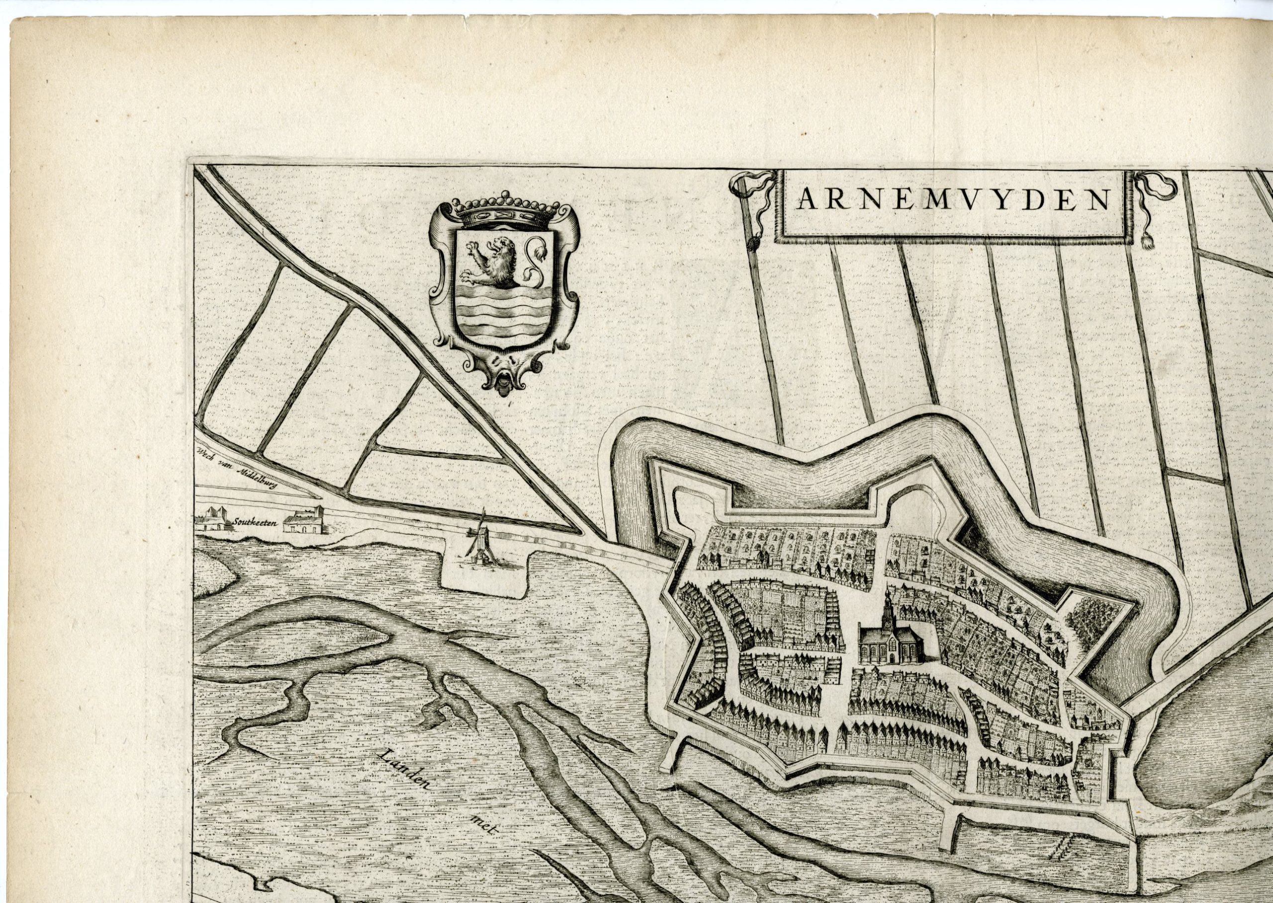 , Antique Map-VIEW-ARNEMUIDEN-FORTIFICATIONS-Bleau-1649, Pictura Antique Prints