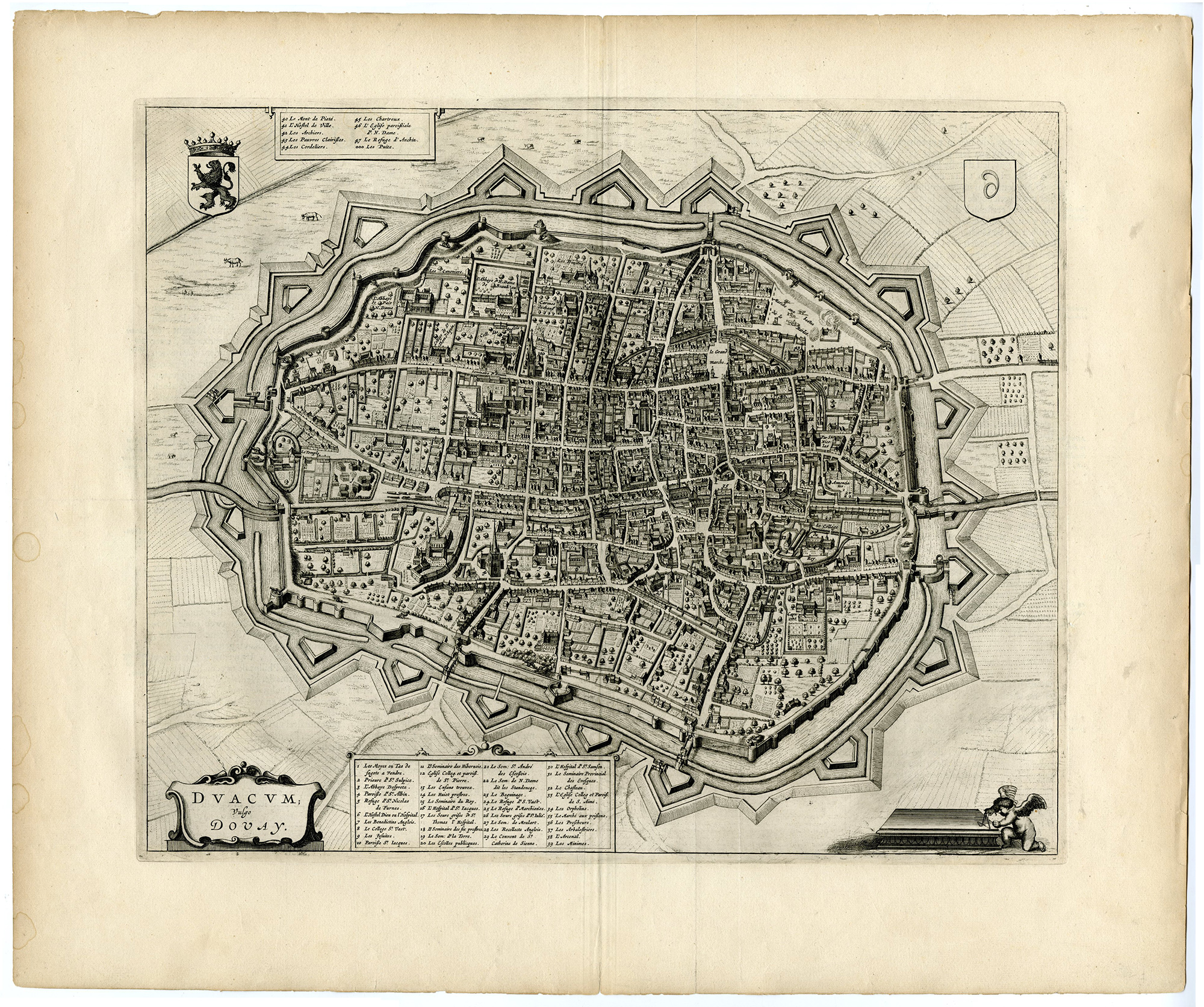 , Antique Map-VIEW-DOUAI-DOWAAI-DUACUM-DOUAY-FORTIFICATIONS-Bleau-1649, Pictura Antique Prints