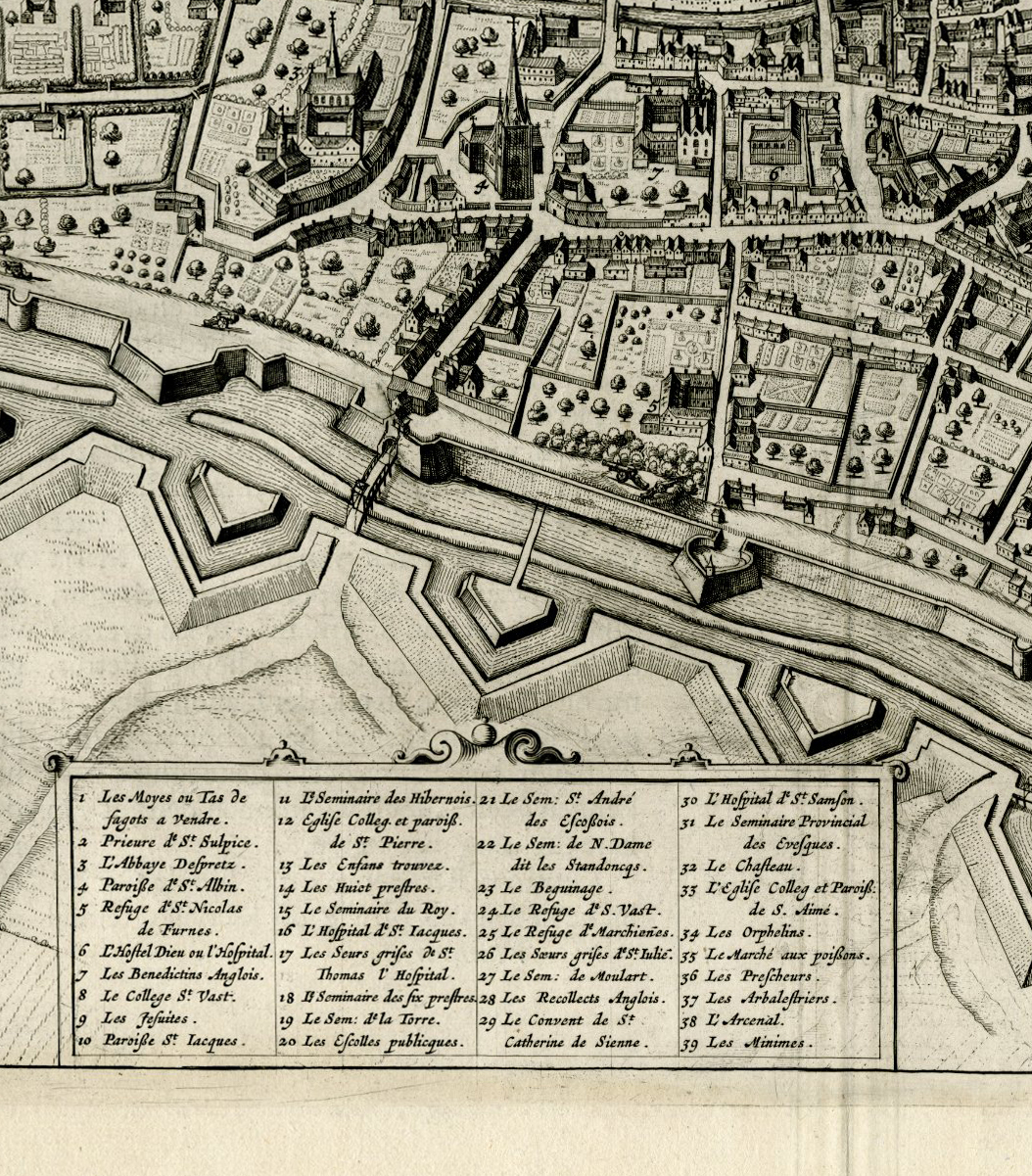 , Antique Map-VIEW-DOUAI-DOWAAI-DUACUM-DOUAY-FORTIFICATIONS-Bleau-1649, Pictura Antique Prints