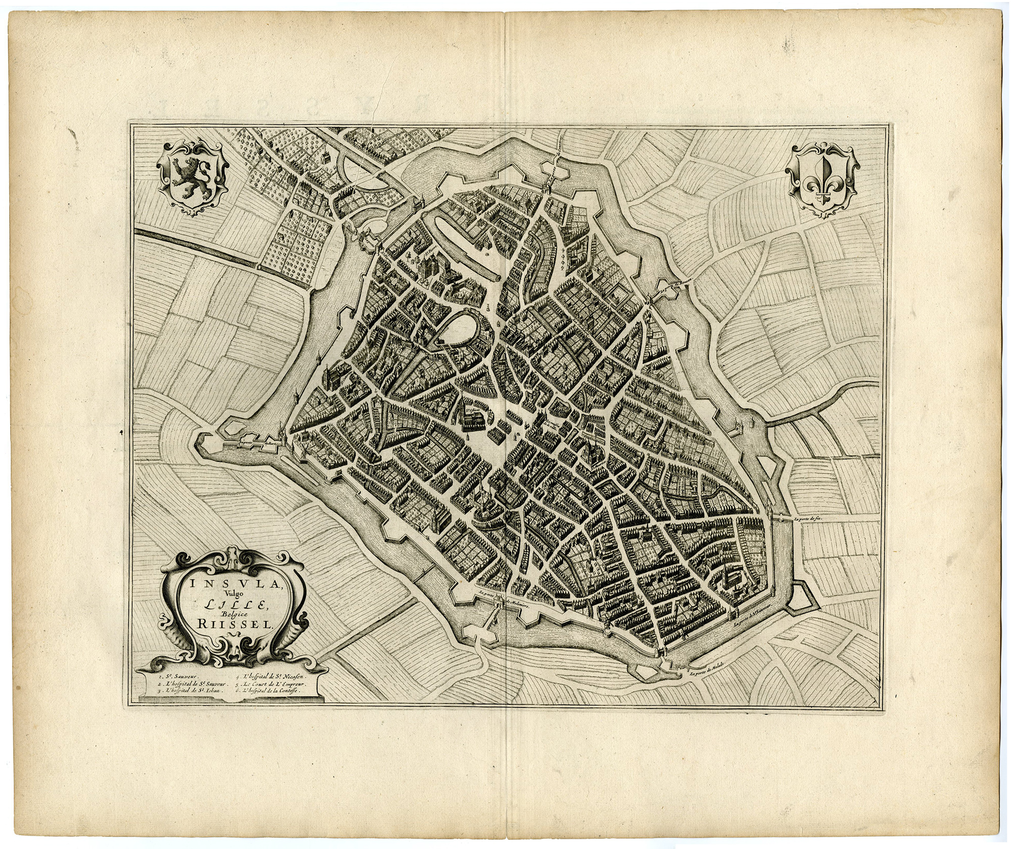 , Antique Map-VIEW-LILLE-RIJSEL-FORTIFICATIONS-Bleau-1649, Pictura Antique Prints
