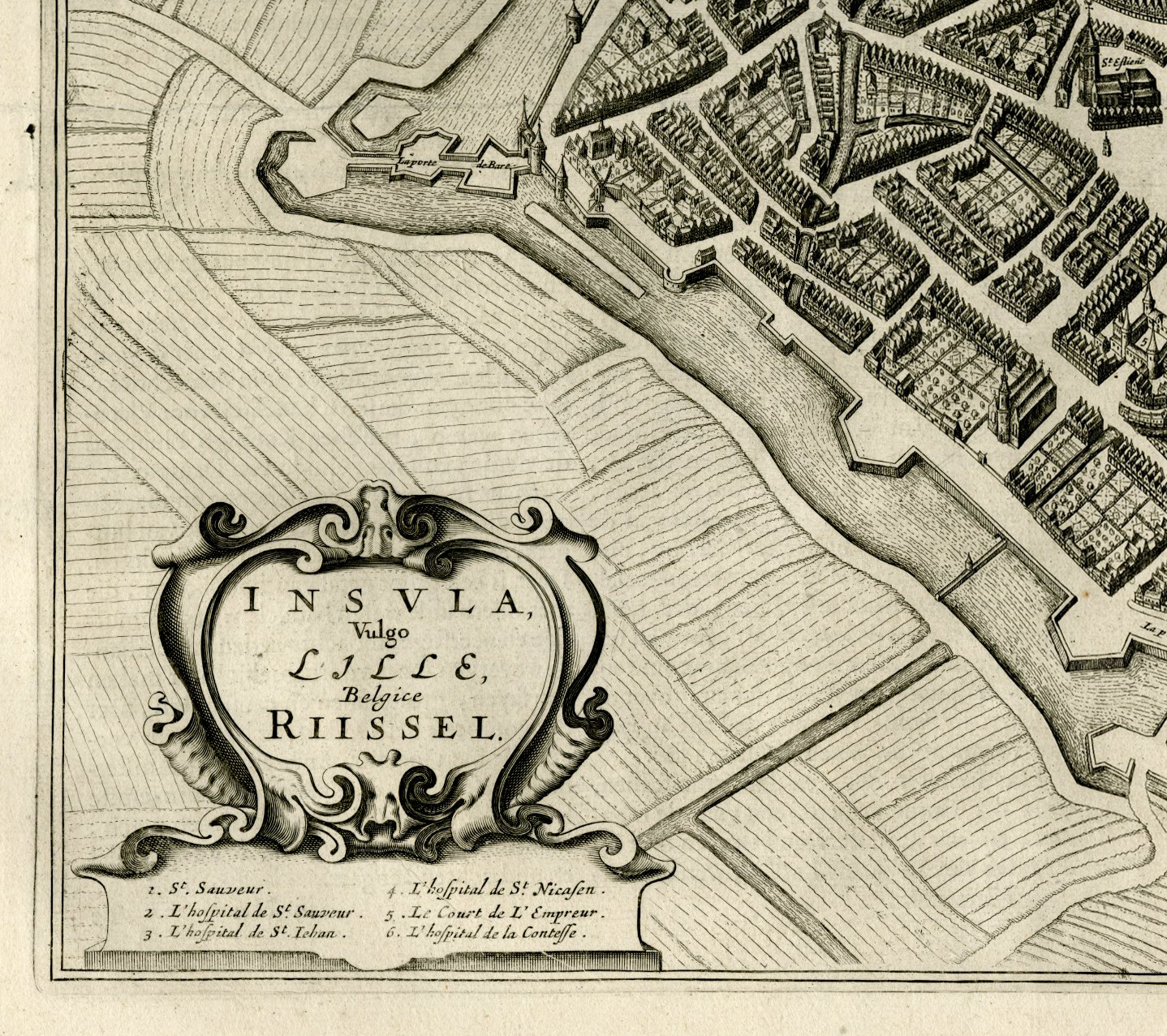 , Antique Map-VIEW-LILLE-RIJSEL-FORTIFICATIONS-Bleau-1649, Pictura Antique Prints