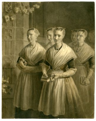 Antique Drawing-WOMEN-AMSTERDAM ORPHANAGE-BIBLE-monogram WDG-19th c.