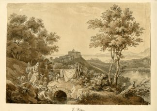 Antique Drawing-ITALIAN-COASTAL LANDSCAPE-FIGURES-WASHING-Welker-ca. 1825?1835