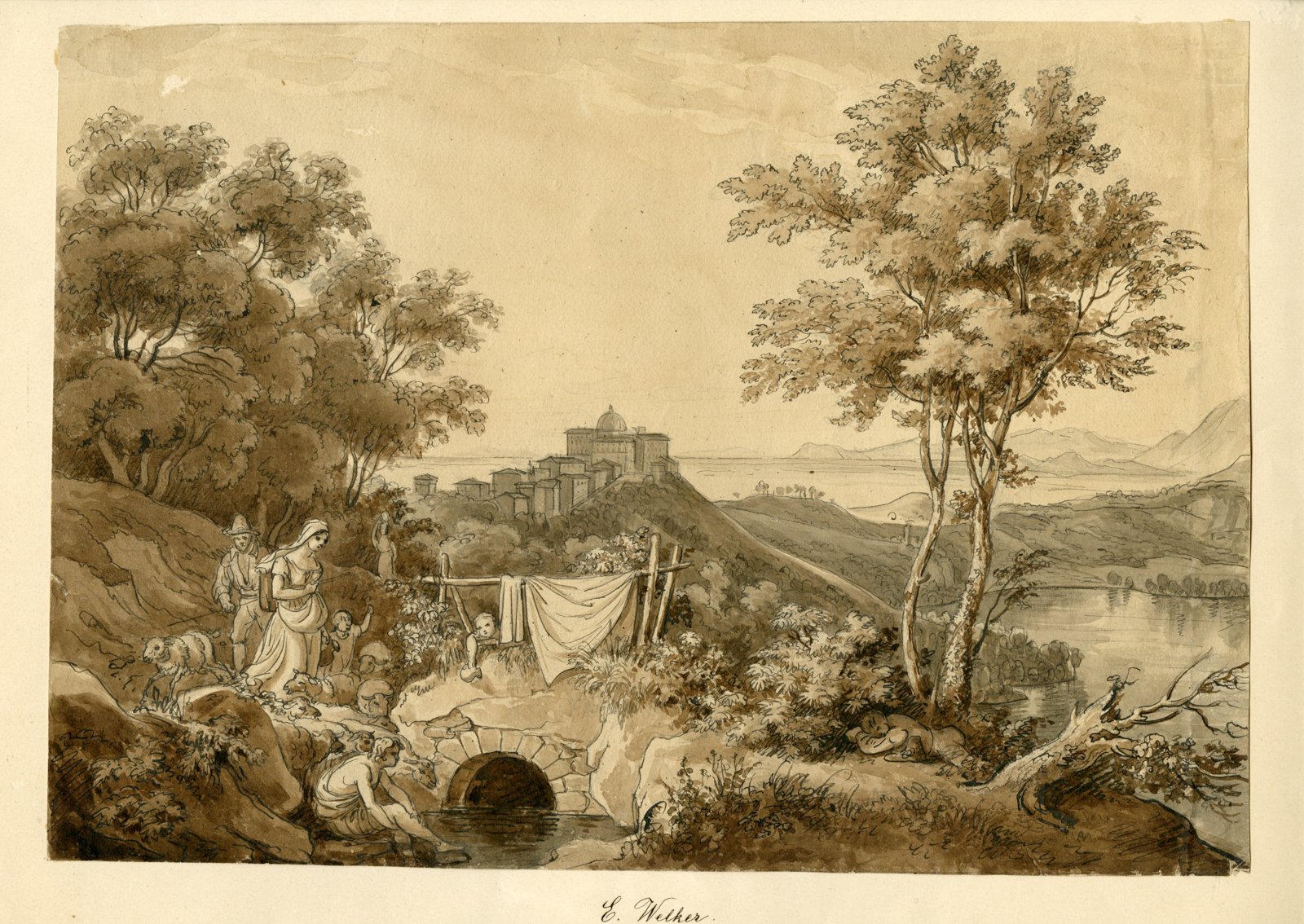 , Antique Drawing-ITALIAN-COASTAL LANDSCAPE-FIGURES-WASHING-Welker-ca. 1825?1835, Pictura Antique Prints