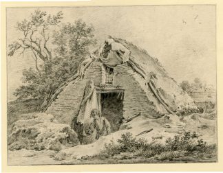 Antique Drawing-VILLAGE-HUT-HUYSEN-HUIZEN-Barbiers-c.1795