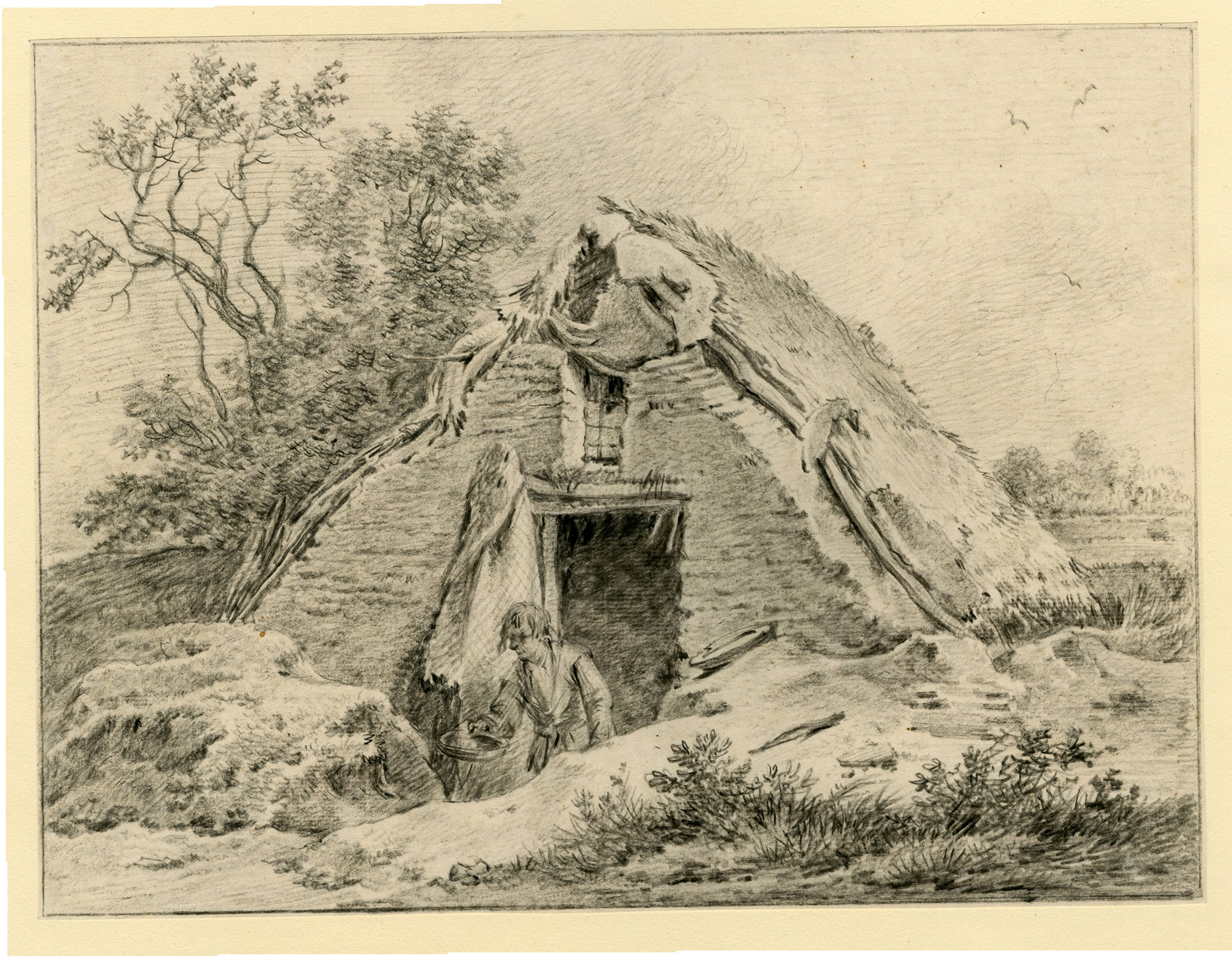 , Antique Drawing-VILLAGE-HUT-HUYSEN-HUIZEN-Barbiers-c.1795, Pictura Antique Prints