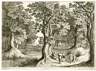 Antique Master Print-WOODED-LANDSCAPE-FIGURE-TRAVELLERS-Nieulandt-Bril-1610/1740