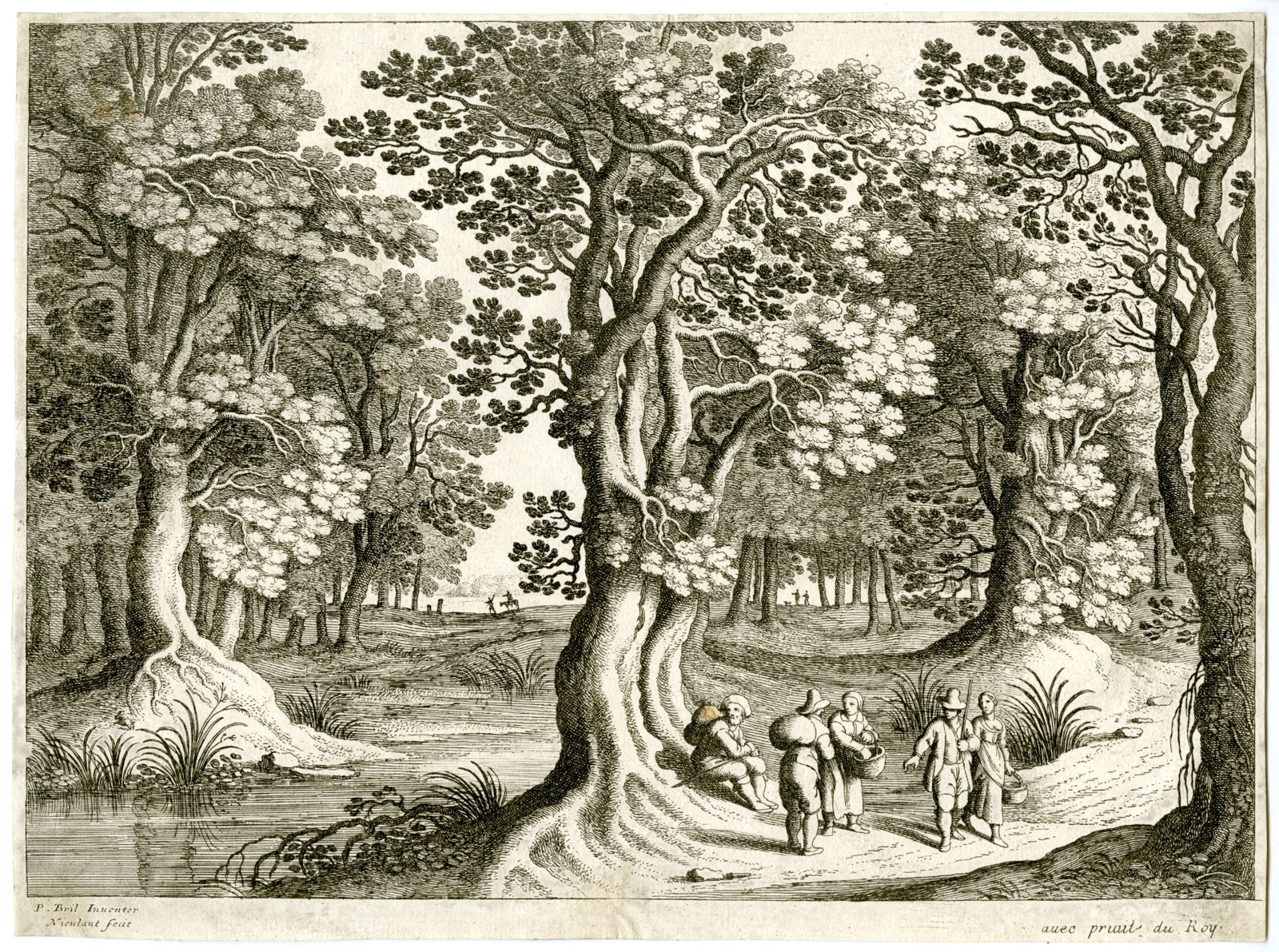 , Antique Master Print-WOODED-LANDSCAPE-FIGURE-TRAVELLERS-Nieulandt-Bril-1610/1740, Pictura Antique Prints