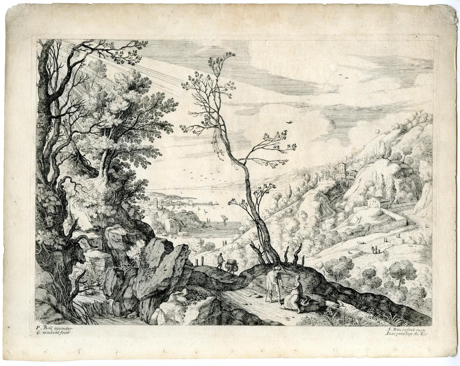 , Antique Master Print-JUDAH-TAMAR-ITALIAN LANDSCAPE-van Nieulandt-Bril-c.1610, Pictura Antique Prints