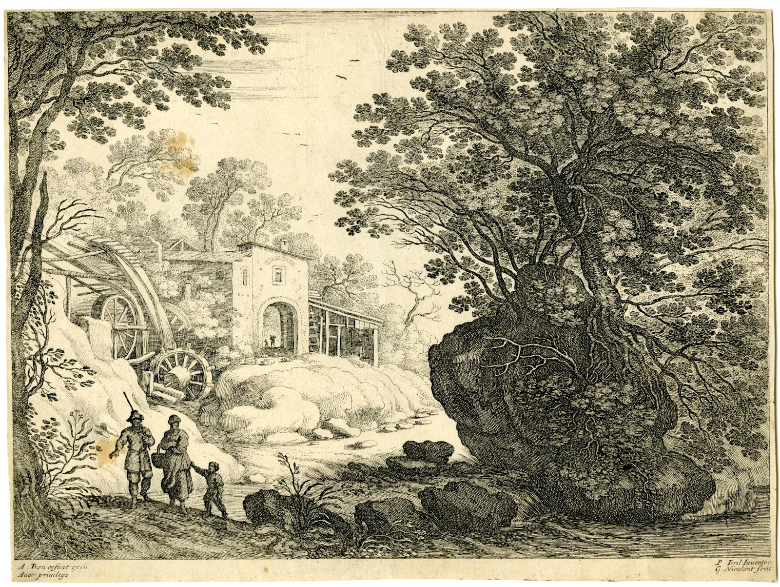 , Antique Master Print-WATERMILL-LANDSCAPE-van Nieulandt-Bril-c.1610, Pictura Antique Prints