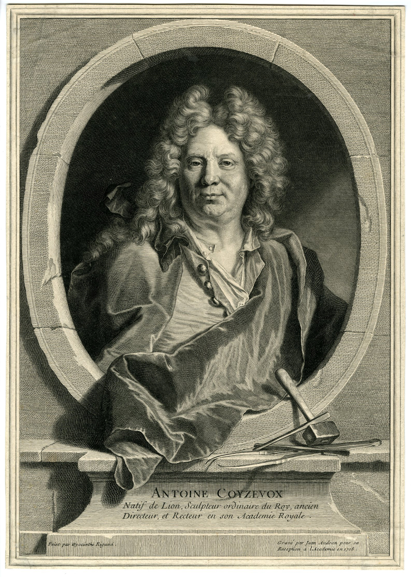 , Rare-Antique Master Print-COYZEVOX-PORTRAIT-Audran-Rigaud-1708, Pictura Antique Prints
