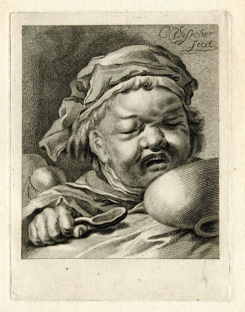 , Antique Master Print-BABY-CRYING-de Mare-Visscher-1768-1796, Pictura Antique Prints