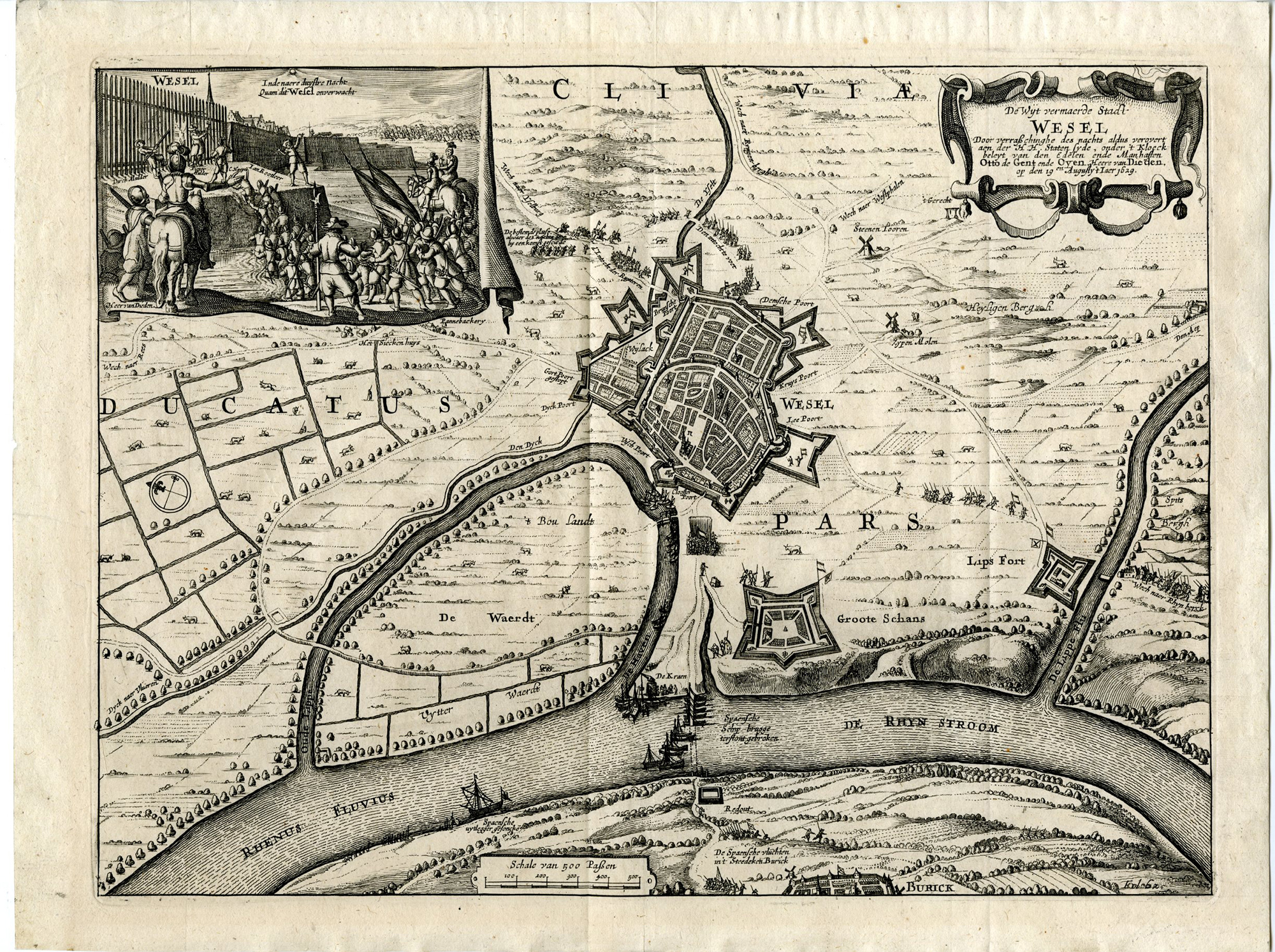 , Antique Map-WESEL-PLAN-FORTRESS-GERMANY-Visscher-1629, Pictura Antique Prints