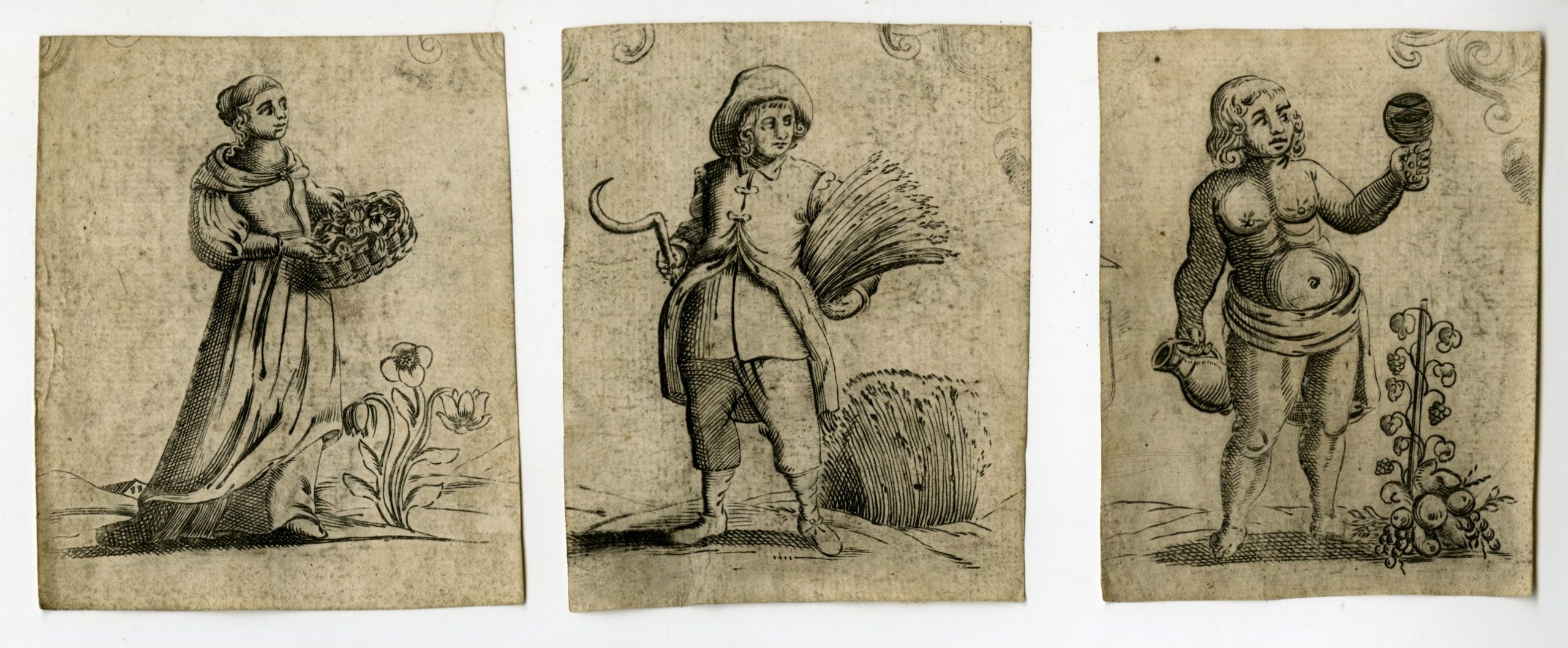 , 3-Antique Prints-DUTCH-SEASONS-SILVER-DESIGN-CARTOUCHES-Anonymous-c.1700-1720, Pictura Antique Prints