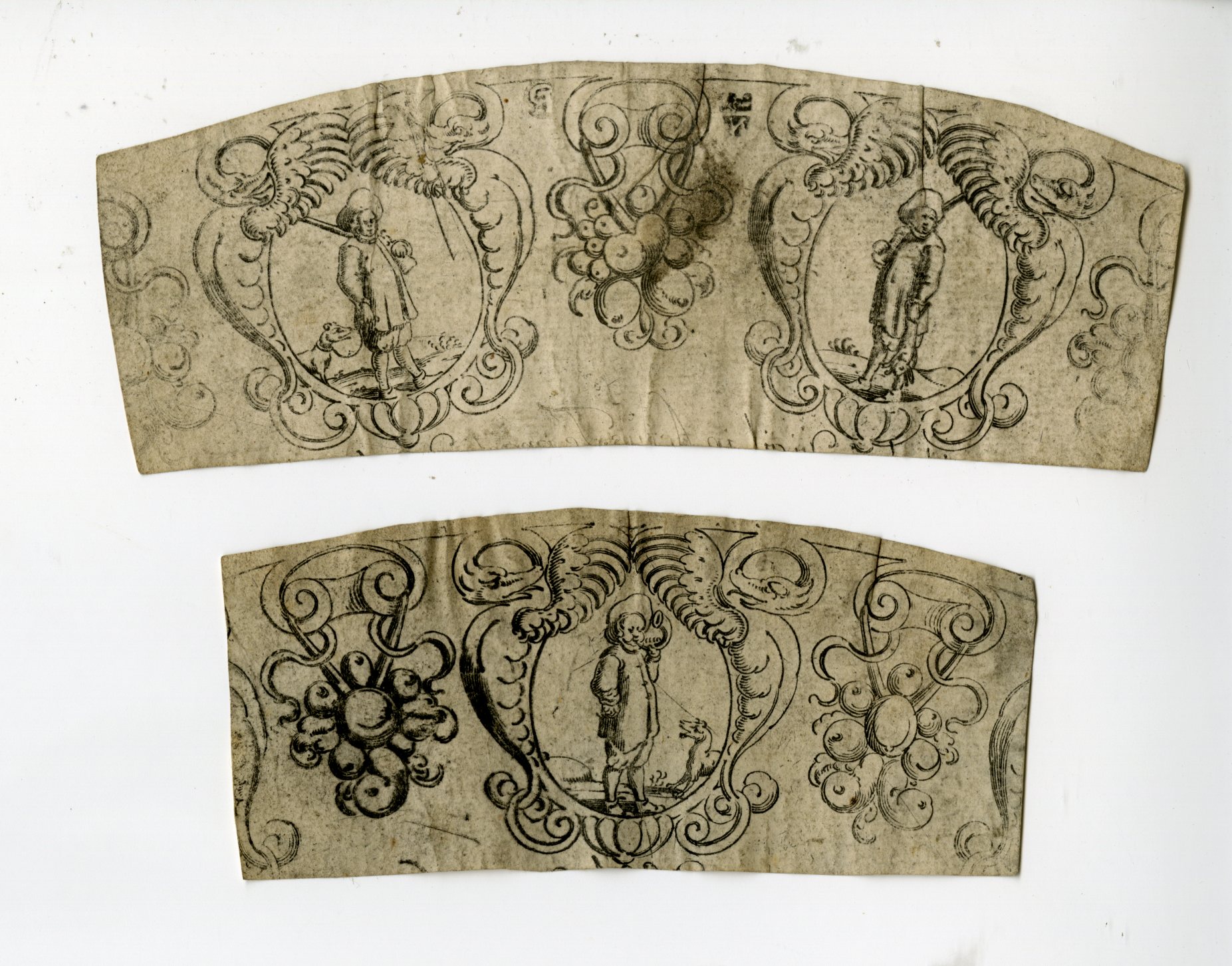 , 2-Antique Prints-DUTCH-SILVER-BEAKER-HUNTING-CARTOUCHES-Anonymous-c.1700-1720, Pictura Antique Prints