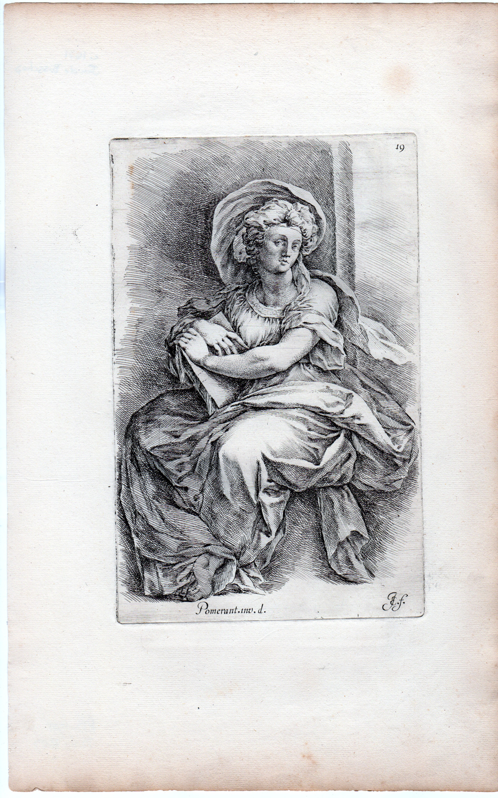 , Antique Master Print-SYBIL-MIRIAM-SITTING WOMAN-Bisschop-Michelangelo-1671, Pictura Antique Prints