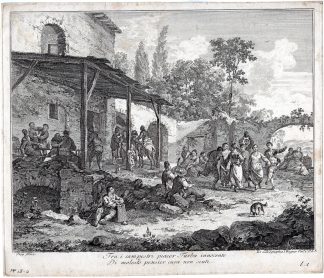 Antique Master Print-VILLAGE SCENE-DRINKING-MUSIC-DANCING-ITALY-Wagner-Ferg-1750