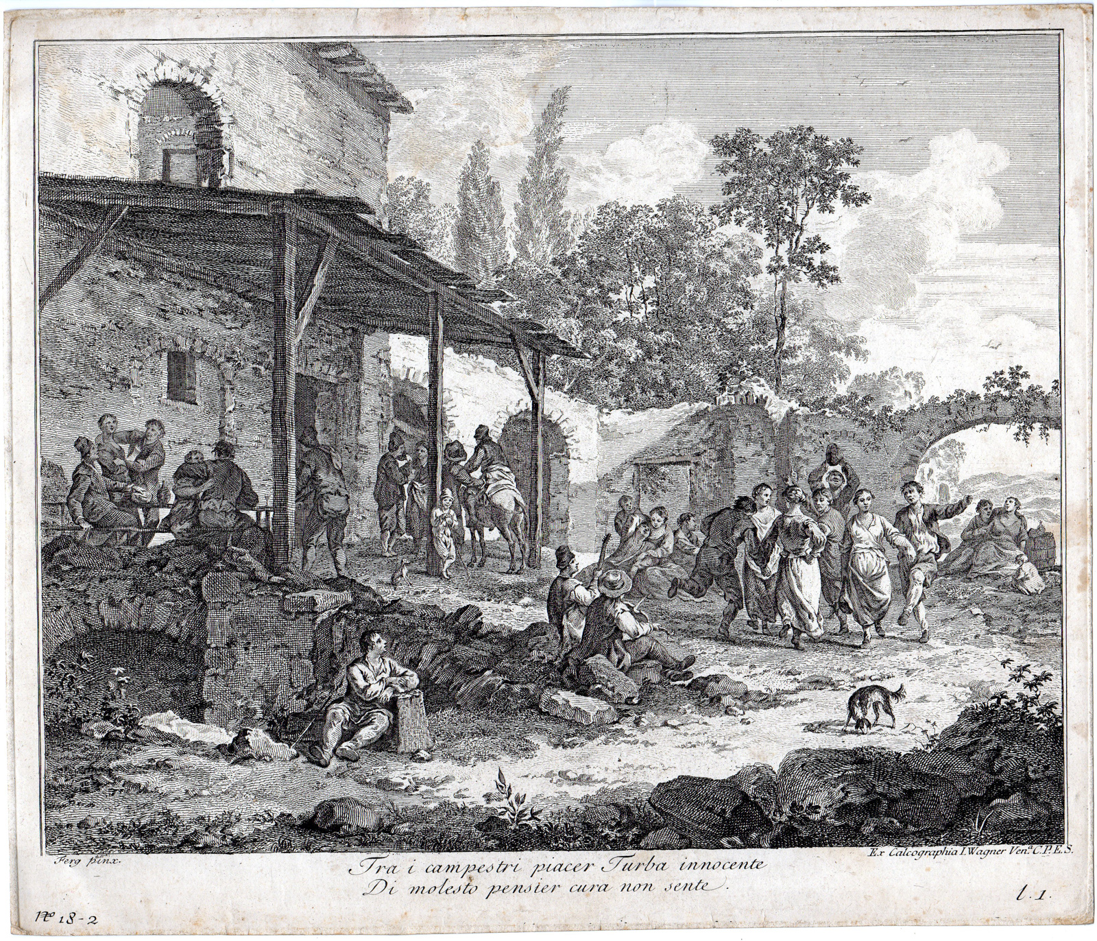 , Antique Master Print-VILLAGE SCENE-DRINKING-MUSIC-DANCING-ITALY-Wagner-Ferg-1750, Pictura Antique Prints
