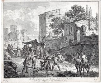 Antique Master Print-VILLAGE SCENE-FIGHTING-MUSIC-DANCING-ITALY-Wagner-Ferg-1750