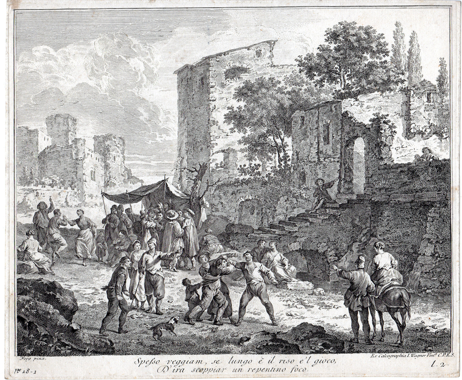 , Antique Master Print-VILLAGE SCENE-FIGHTING-MUSIC-DANCING-ITALY-Wagner-Ferg-1750, Pictura Antique Prints