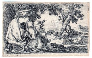 Antique Master Print-BIBLE-FLIGHT EGYPT-JESUS-MARIA-JOSEPH-della Bella-1641