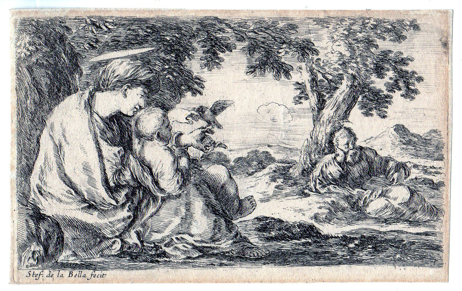 , Antique Master Print-BIBLE-FLIGHT EGYPT-JESUS-MARIA-JOSEPH-della Bella-1641, Pictura Antique Prints