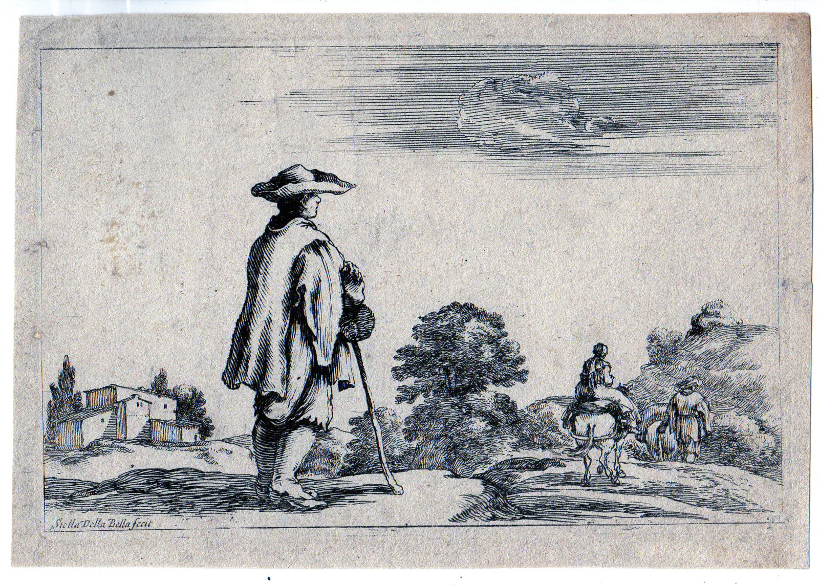 , Antique Master Print-MULEBACK-LANDSCAPE-PACKED MULE-FARMER-della Bella-1643, Pictura Antique Prints