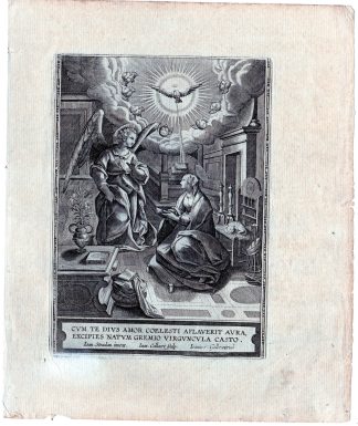 Antique Print-ANNUNCIATION-MARY-ANGEL-DOVE-INTERIOR-Collaert II-Stradanus-1750