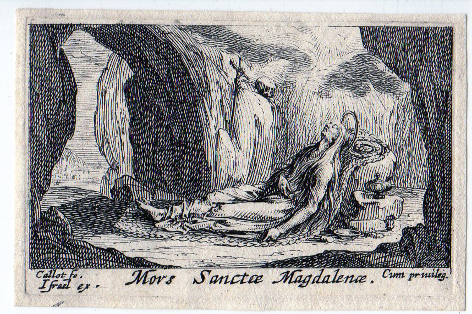 , Antique Print-DEATH-SAINT MARY MAGDALEN-HOLY-RELIGION-PENITENTS-Callot-1632, Pictura Antique Prints