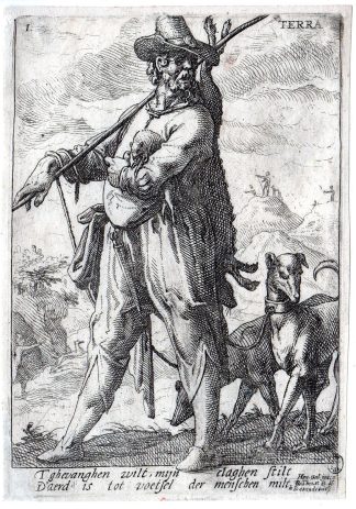 Antique Master Print-TERRA-DOGS-ANIMALS-MARTEN-HUNTING-de Bry-Goltzius-1600