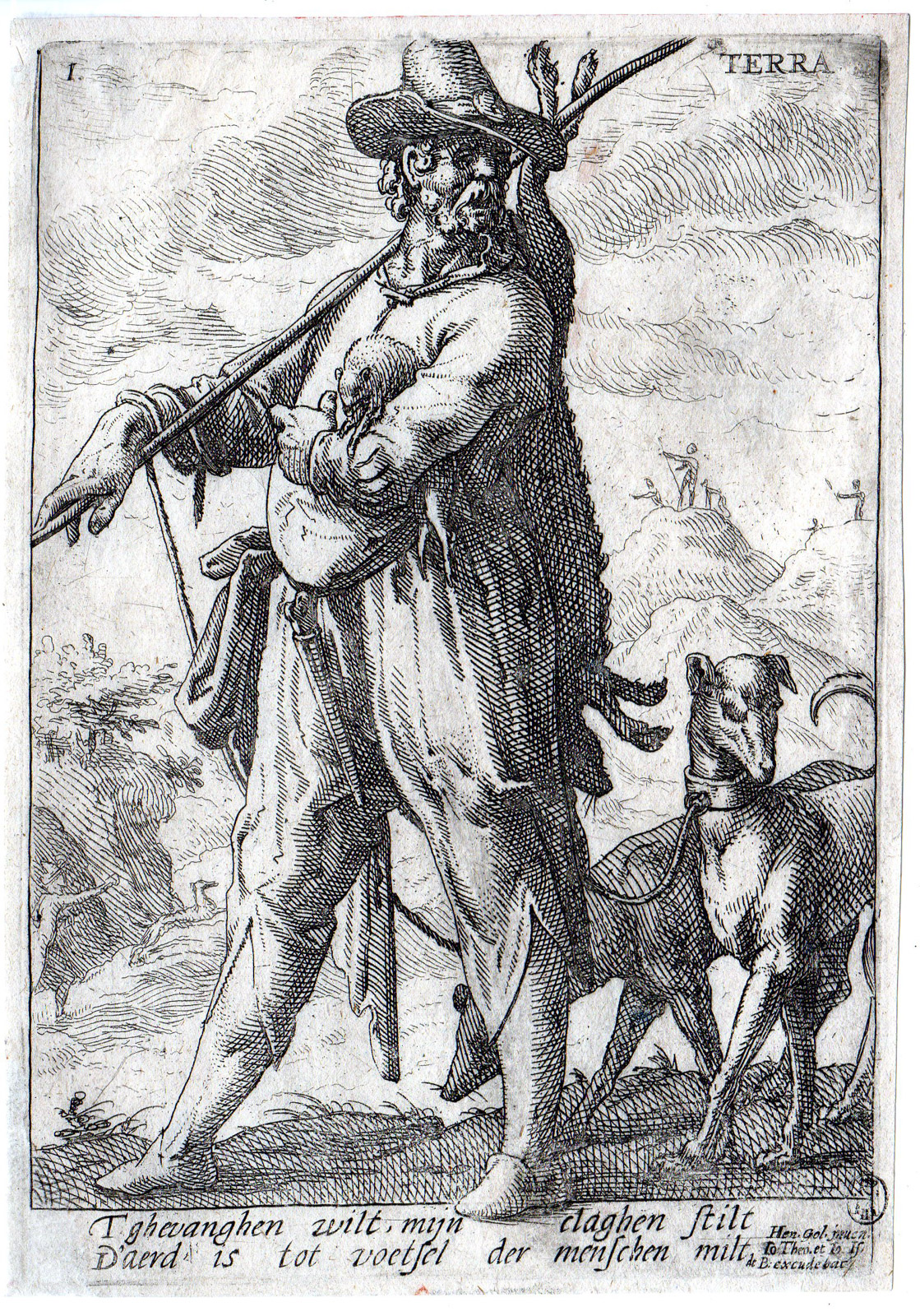 , Antique Master Print-TERRA-DOGS-ANIMALS-MARTEN-HUNTING-de Bry-Goltzius-1600, Pictura Antique Prints