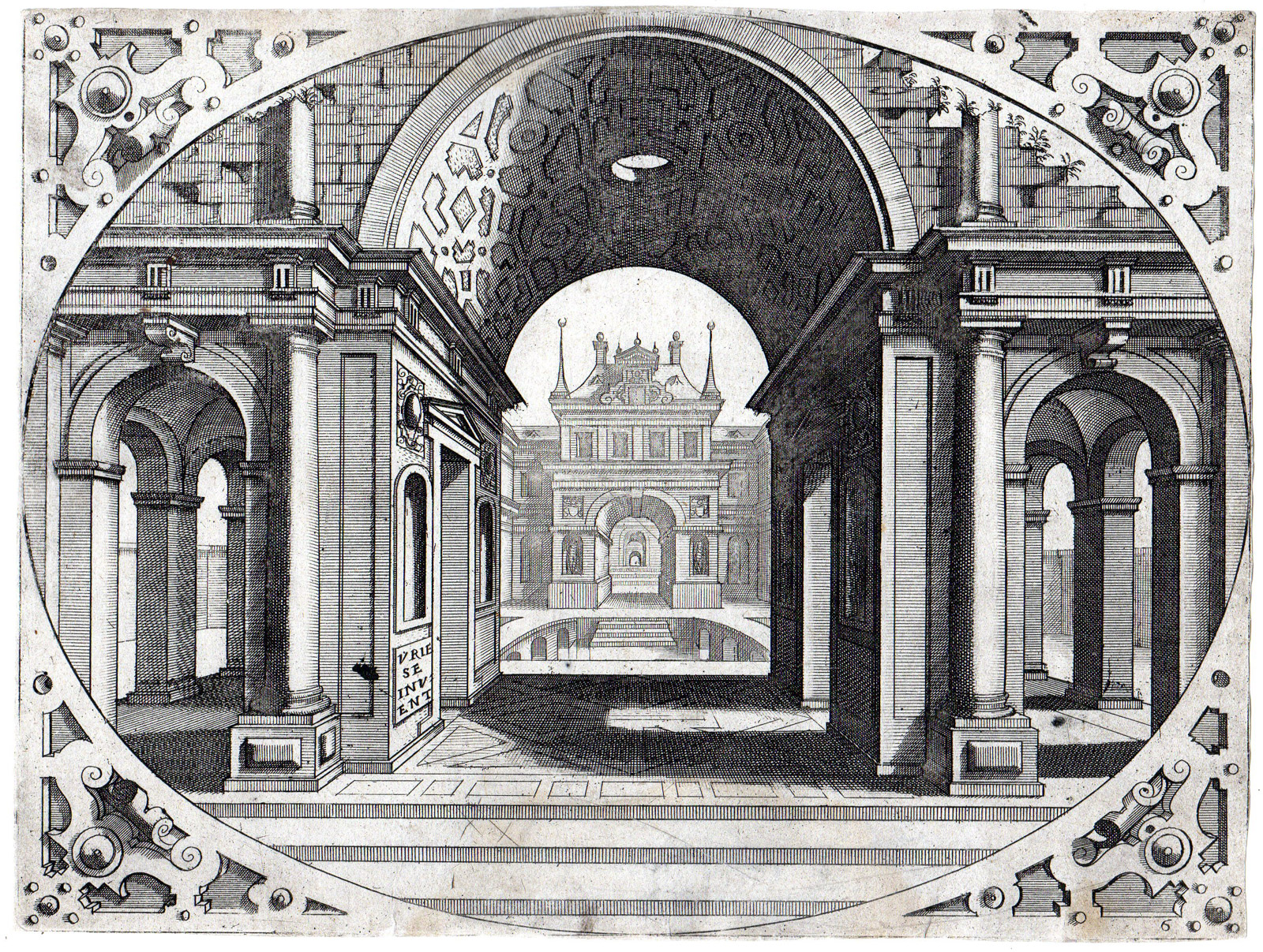 RB 3672 416x314 Antique Master Print-GATEHOUSE-ARCHITECTURE-PERSPECTIVE-van Doetecum-Vries-1636