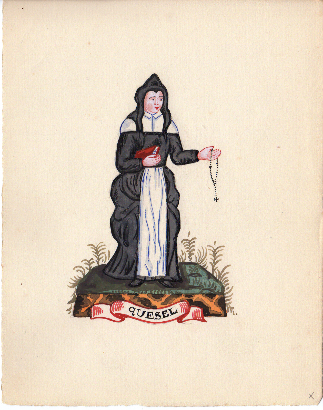 , Antique Drawing-QUESEL-RELIGIOUS-DEVOUT WOMAN-NUN-Anonymous-c.1920, Pictura Antique Prints