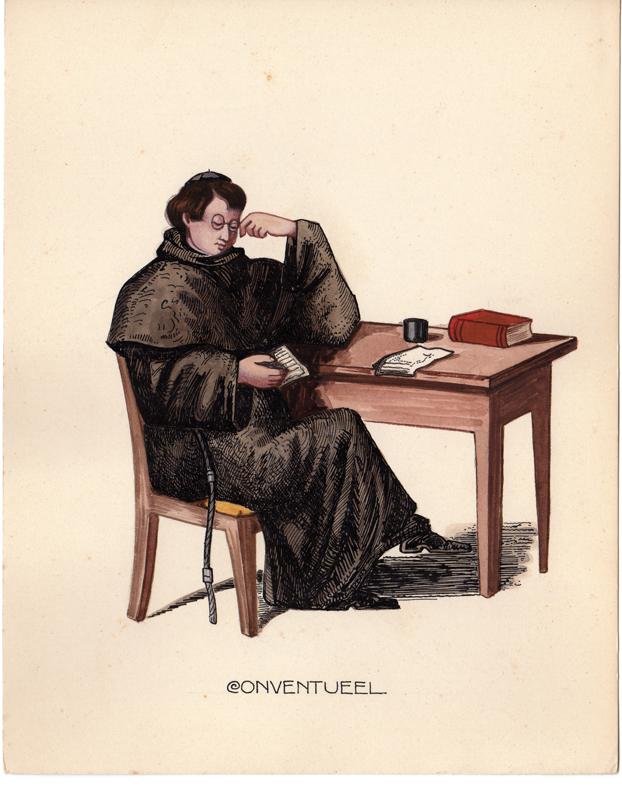 , Antique Drawing-RELIGIOUS-COSTUME- CONVENTUAL-MONK-Anonymous-c.1920, Pictura Antique Prints