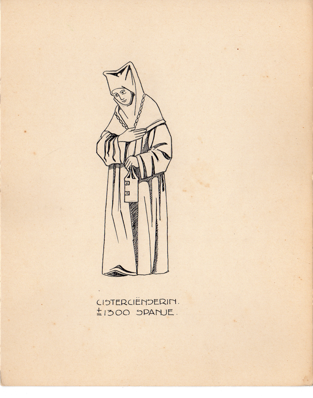 , Antique Drawing-RELIGIOUS-COSTUME-CISTERCIANS-NUN-Anonymous-c.1920, Pictura Antique Prints