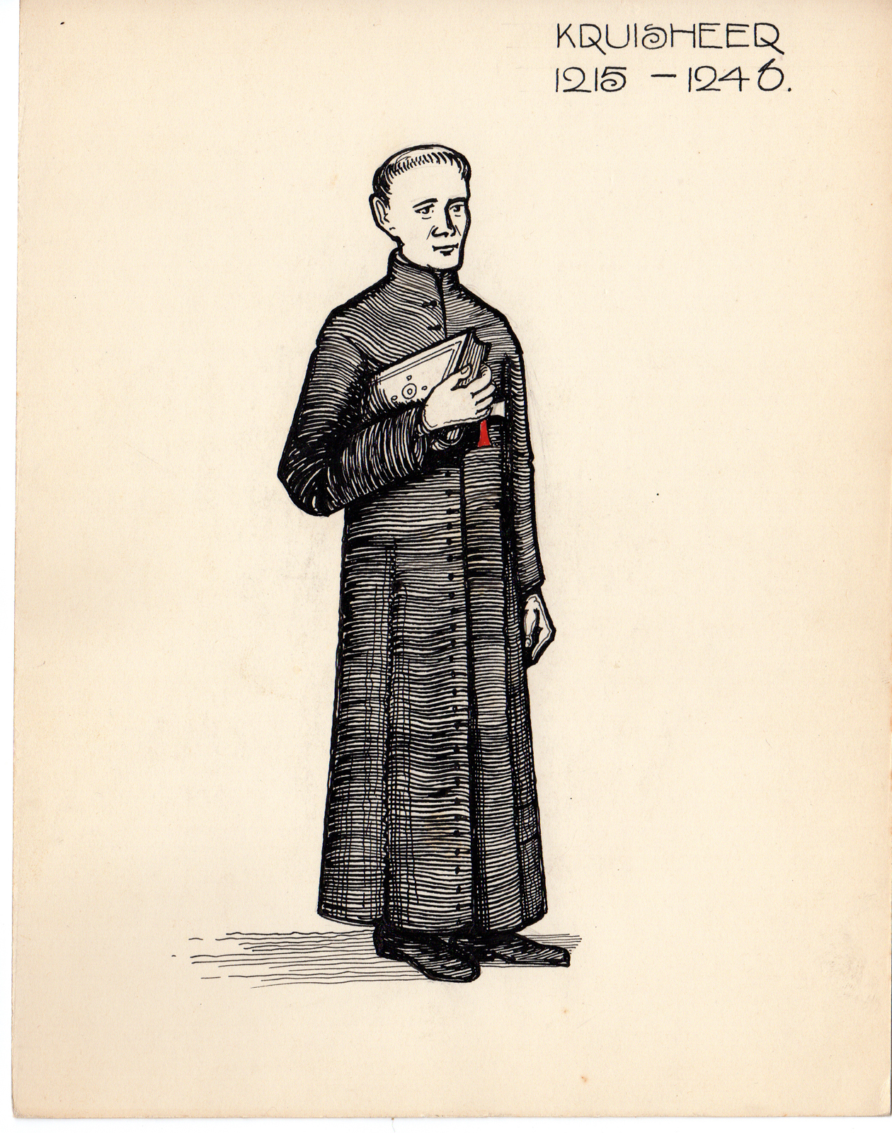 , 5-Antique Drawings-RELIGIOUS-COSTUME-KRUISHEER-MONK-HOLY CROSS-Anonymous-c.1920, Pictura Antique Prints
