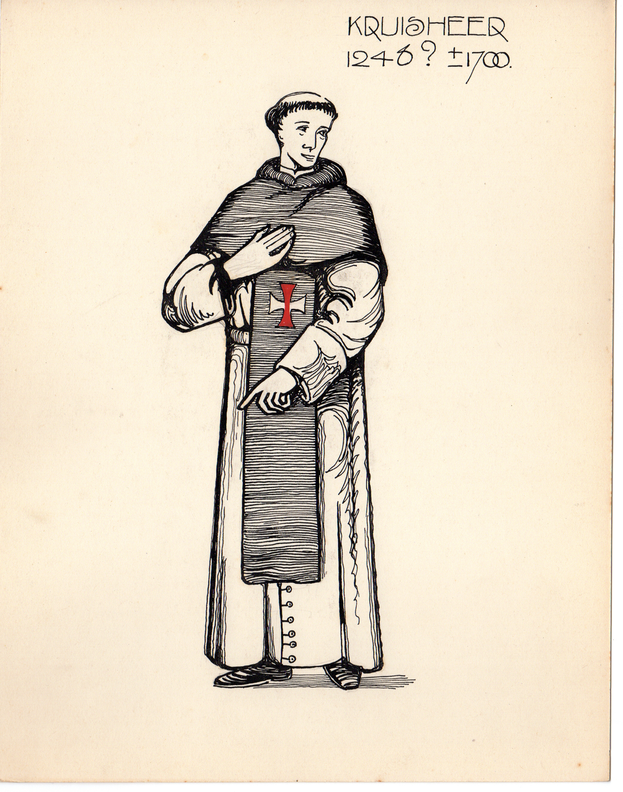 , 5-Antique Drawings-RELIGIOUS-COSTUME-KRUISHEER-MONK-HOLY CROSS-Anonymous-c.1920, Pictura Antique Prints