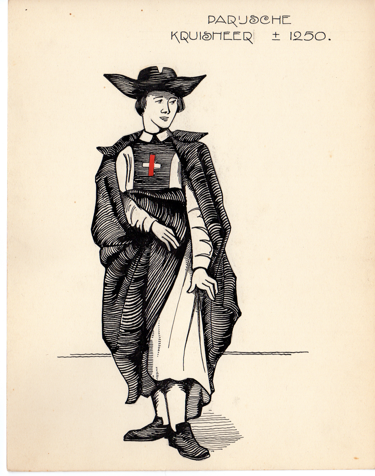 , 5-Antique Drawings-RELIGIOUS-COSTUME-KRUISHEER-MONK-HOLY CROSS-Anonymous-c.1920, Pictura Antique Prints