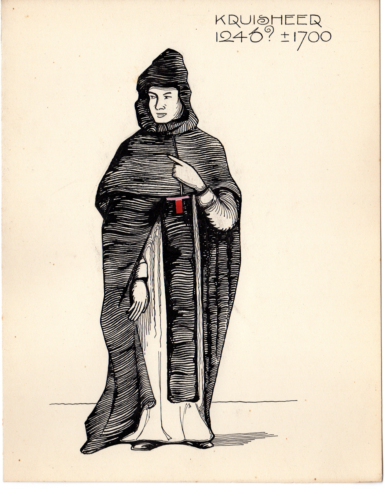 , 5-Antique Drawings-RELIGIOUS-COSTUME-KRUISHEER-MONK-HOLY CROSS-Anonymous-c.1920, Pictura Antique Prints