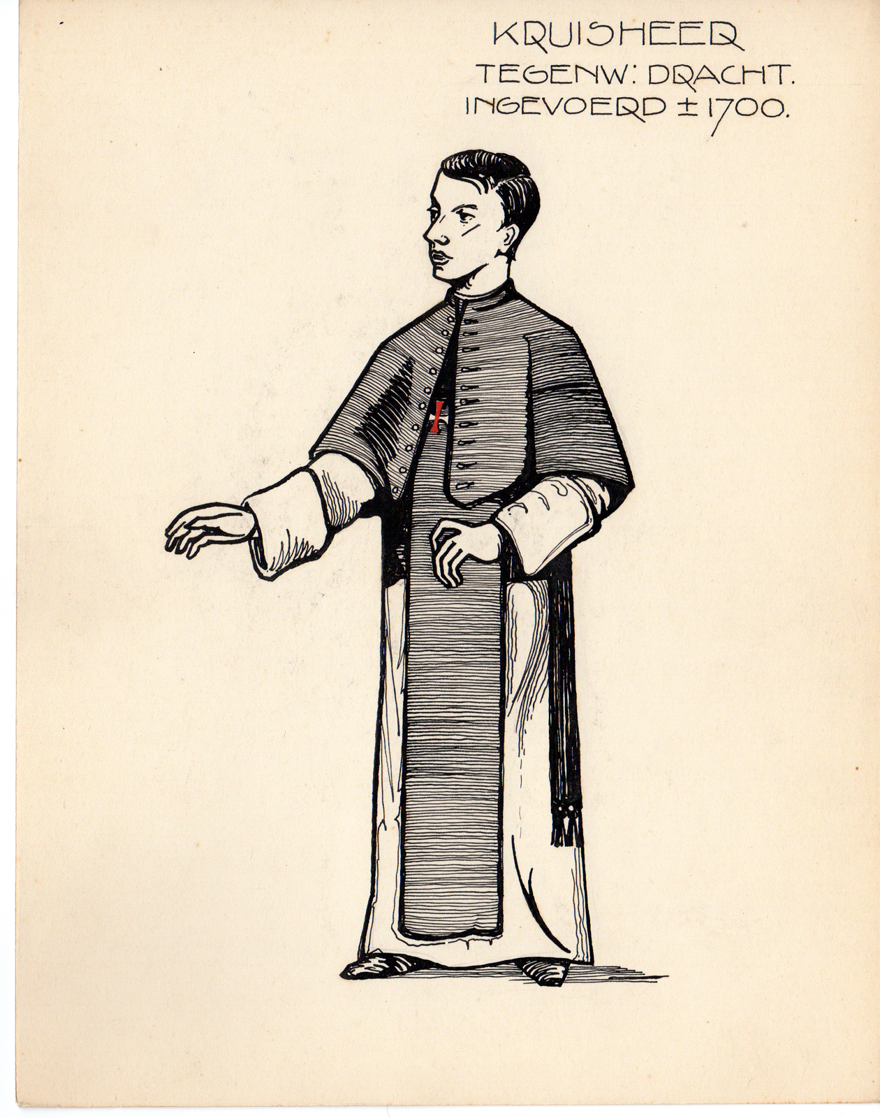 , 5-Antique Drawings-RELIGIOUS-COSTUME-KRUISHEER-MONK-HOLY CROSS-Anonymous-c.1920, Pictura Antique Prints