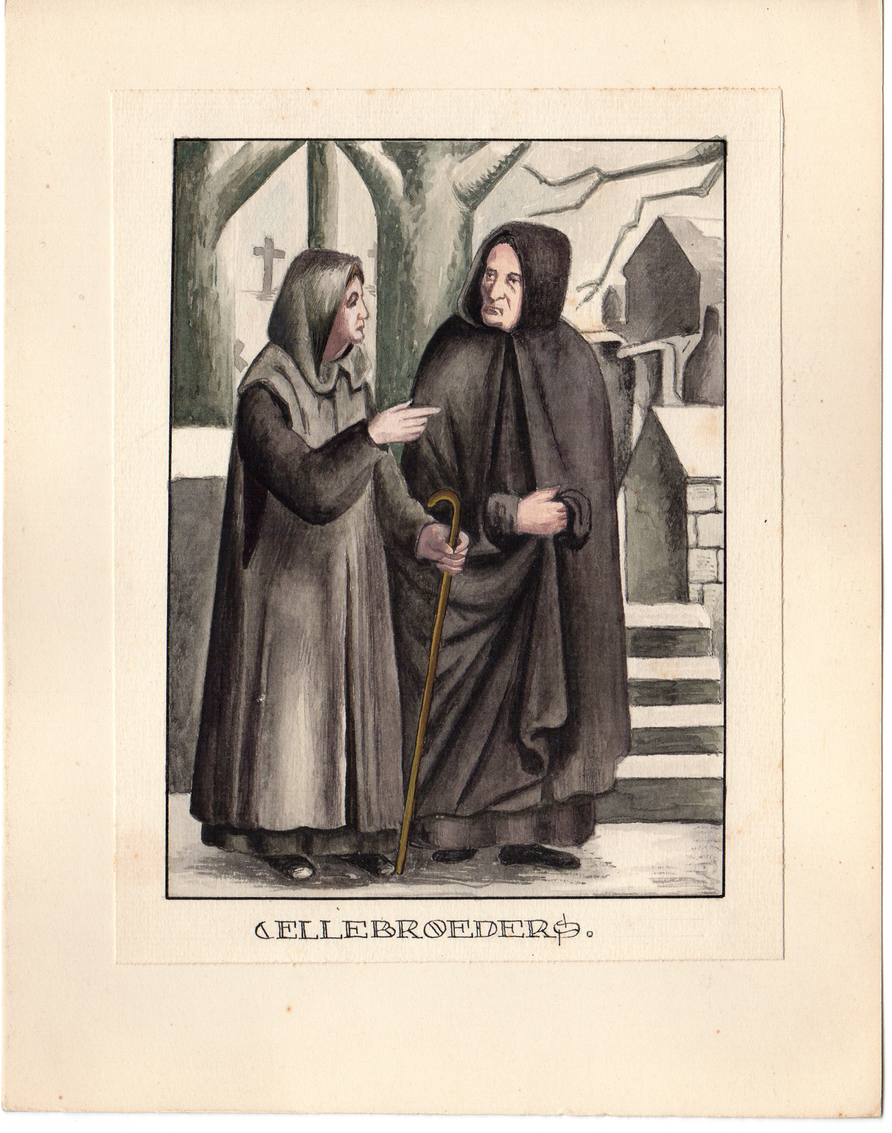 , Antique Drawing-RELIGIOUS-COSTUME-ELLEBROEDERS-MONK-Anonymous-c.1920, Pictura Antique Prints